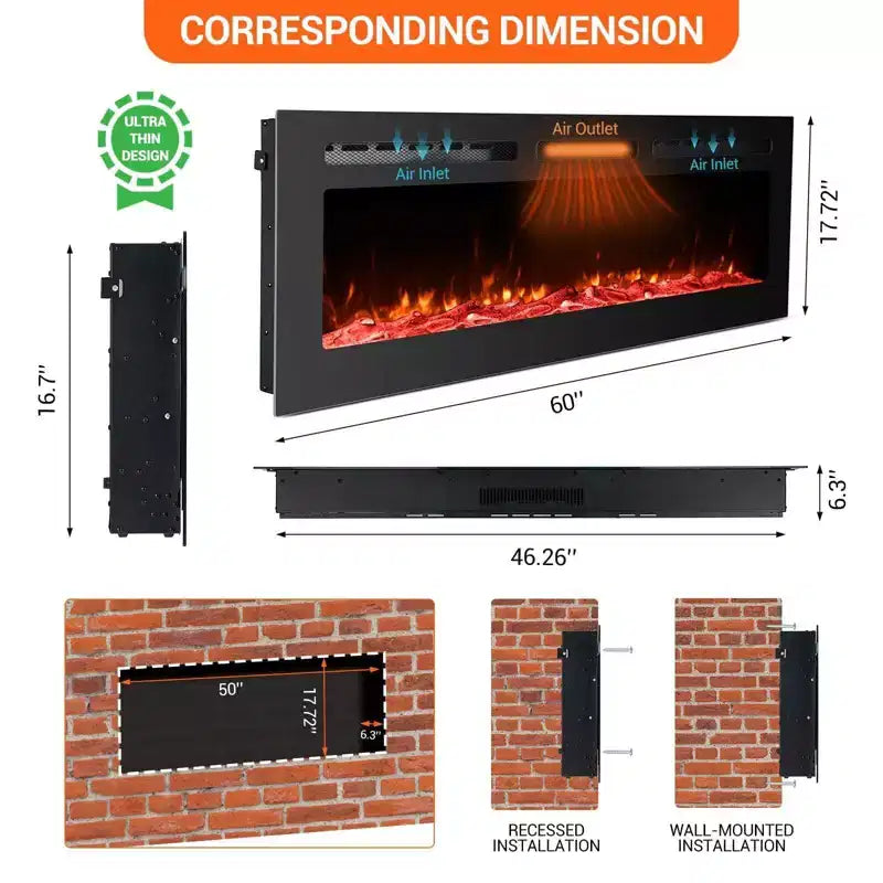 60" Ultra-Thin Electric Fireplace, Wall & Recessed Mount, 144 Colors, 750W/1500W