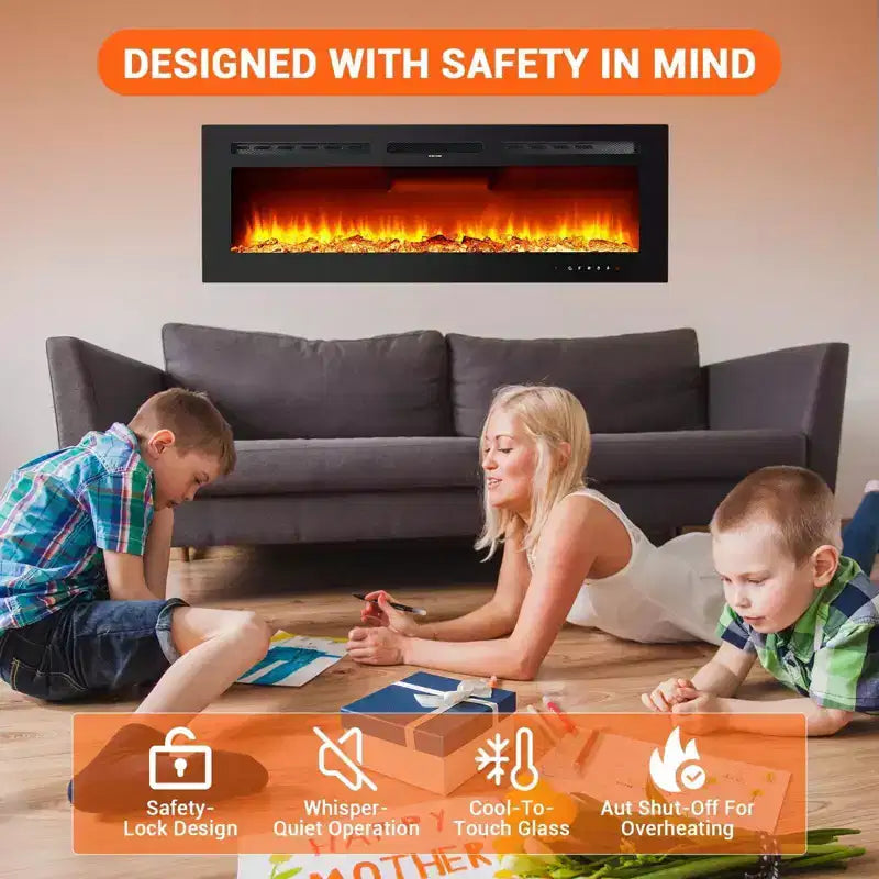 60" Ultra-Thin Electric Fireplace, Wall & Recessed Mount, 144 Colors, 750W/1500W