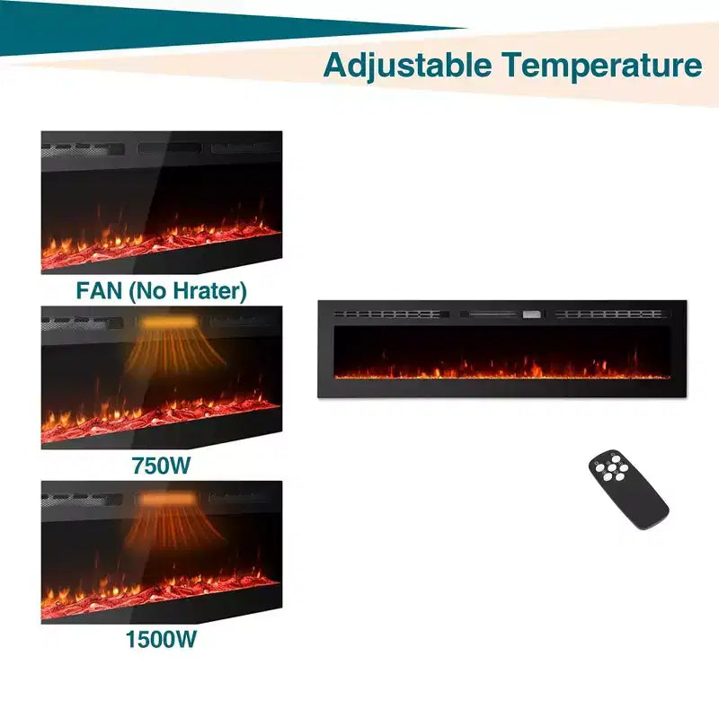 60" Ultra-Thin Electric Fireplace, Wall & Recessed Mount, 144 Colors, 750W/1500W