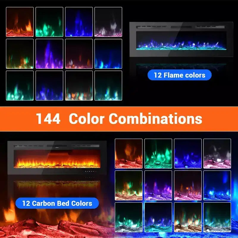 60" Ultra-Thin Electric Fireplace, Wall & Recessed Mount, 144 Colors, 750W/1500W