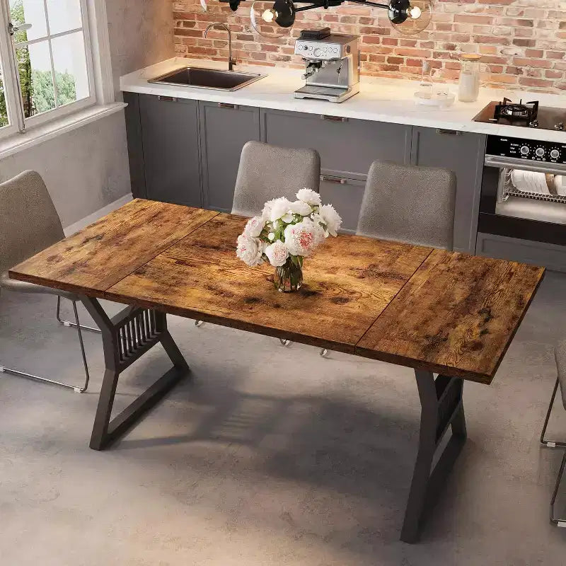 70.8" Farmhouse Dining Table for 4-6, Industrial Wood & Metal Legs