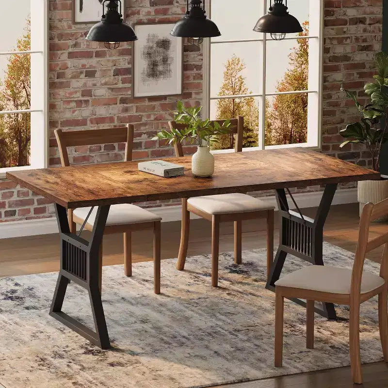 70.8" Farmhouse Dining Table for 4-6, Industrial Wood & Metal Legs