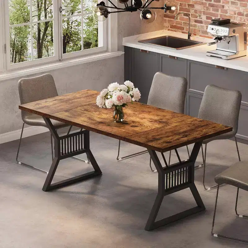 70.8" Farmhouse Dining Table for 4-6, Industrial Wood & Metal Legs