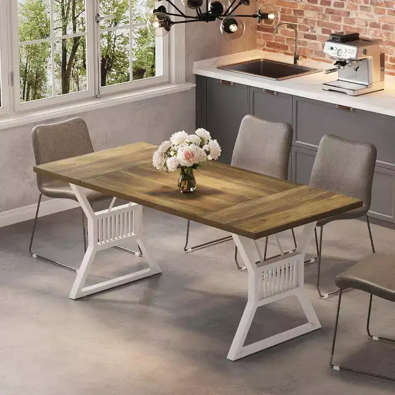 70.8" Farmhouse Dining Table for 4-6, Industrial Wood & Metal Legs