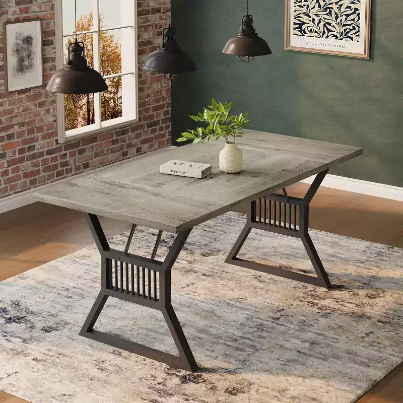 70.8" Farmhouse Dining Table for 4-6, Industrial Wood & Metal Legs