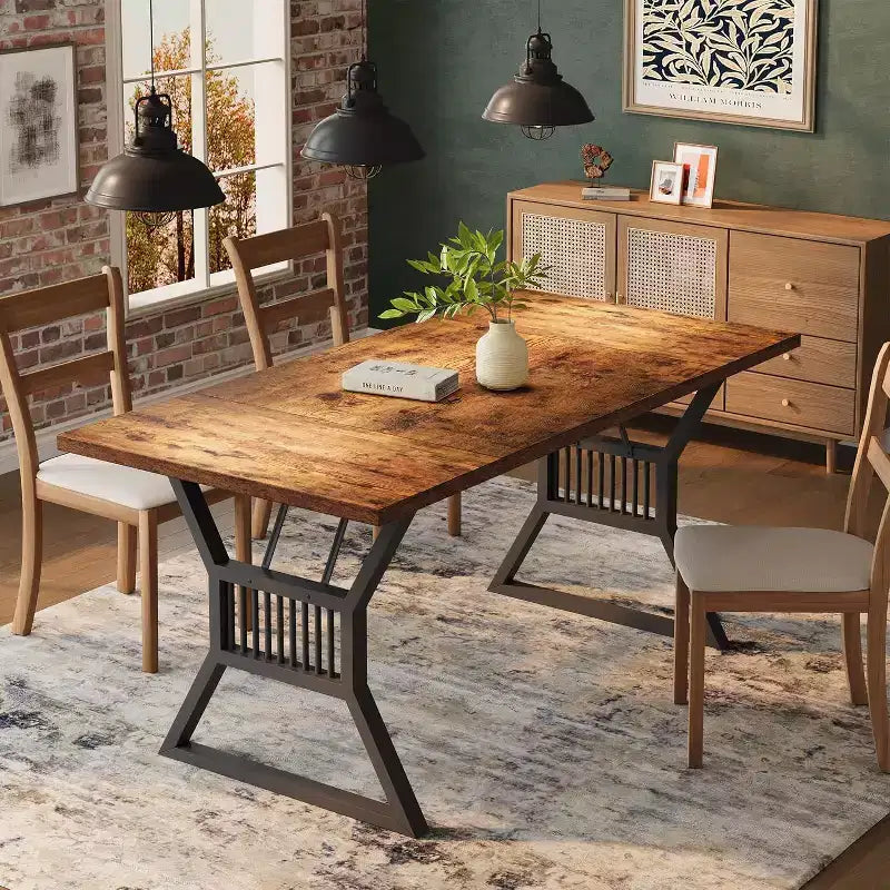 70.8" Farmhouse Dining Table for 4-6, Industrial Wood & Metal Legs