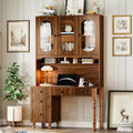 47 Retro Office Desk with Charging Station & Hutch, Computer Desk with 5 Drawers, Glass-Door Bookshelf, Writing Desk, Walnut - ModernLuxe