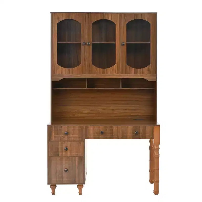 47" Retro Office Desk with Charging Station, Hutch, 5 Drawers & Glass-Door Bookshelf, Walnut