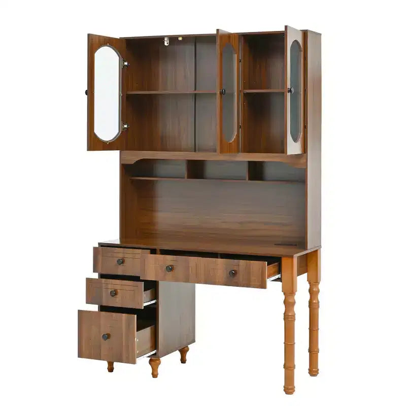 47" Retro Office Desk with Charging Station, Hutch, 5 Drawers & Glass-Door Bookshelf, Walnut