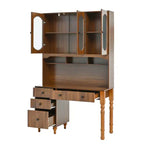 47" Retro Office Desk with Charging Station, Hutch, 5 Drawers & Glass-Door Bookshelf, Walnut