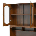 47" Retro Office Desk with Charging Station, Hutch, 5 Drawers & Glass-Door Bookshelf, Walnut