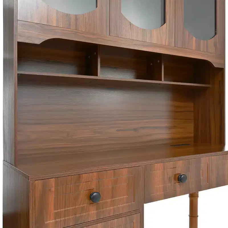 47" Retro Office Desk with Charging Station, Hutch, 5 Drawers & Glass-Door Bookshelf, Walnut
