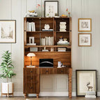 47" Retro Office Desk with Charging Station, Hutch, 5 Drawers & Glass-Door Bookshelf, Walnut