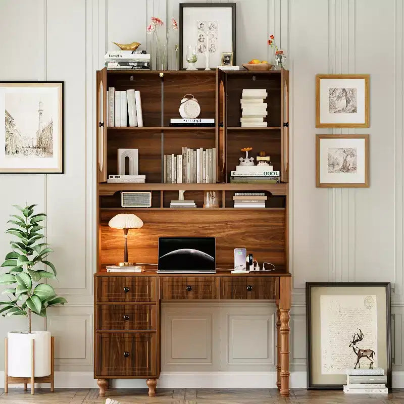 47" Retro Office Desk with Charging Station, Hutch, 5 Drawers & Glass-Door Bookshelf, Walnut