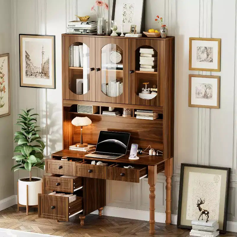 47" Retro Office Desk with Charging Station, Hutch, 5 Drawers & Glass-Door Bookshelf, Walnut
