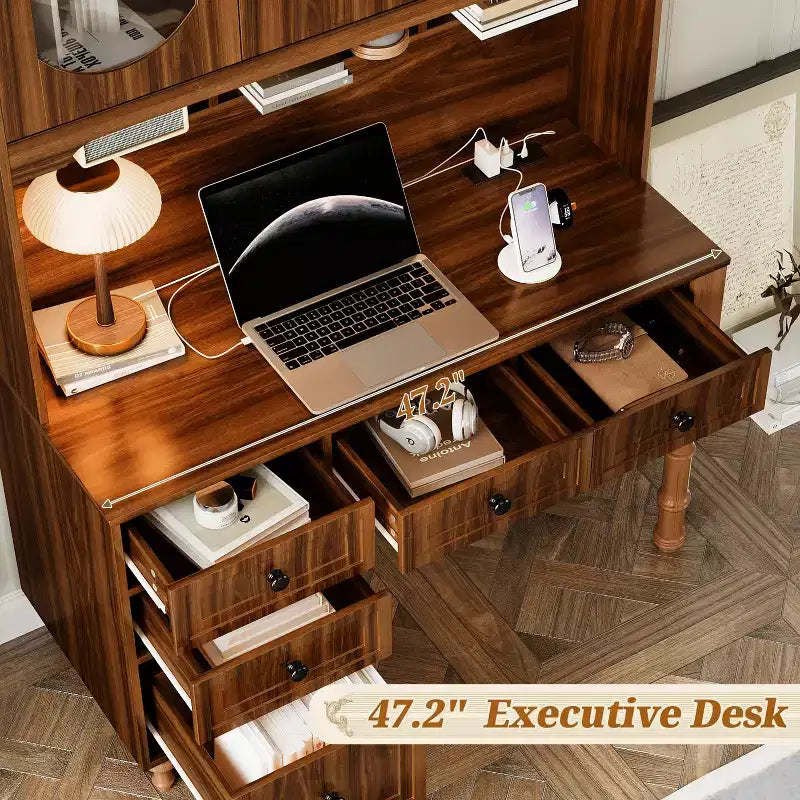 47" Retro Office Desk with Charging Station, Hutch, 5 Drawers & Glass-Door Bookshelf, Walnut