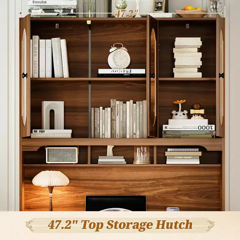 47" Retro Office Desk with Charging Station, Hutch, 5 Drawers & Glass-Door Bookshelf, Walnut