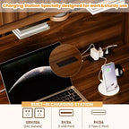 47" Retro Office Desk with Charging Station, Hutch, 5 Drawers & Glass-Door Bookshelf, Walnut