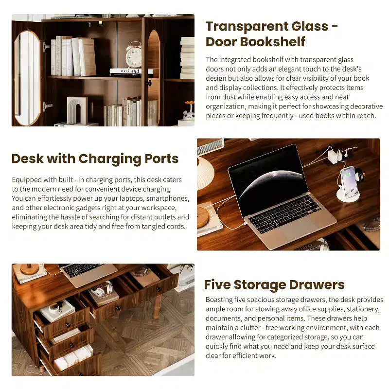 47" Retro Office Desk with Charging Station, Hutch, 5 Drawers & Glass-Door Bookshelf, Walnut