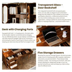 47" Retro Office Desk with Charging Station, Hutch, 5 Drawers & Glass-Door Bookshelf, Walnut
