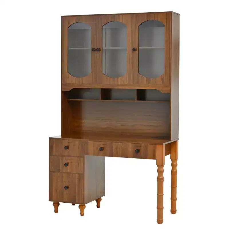 47" Retro Office Desk with Charging Station, Hutch, 5 Drawers & Glass-Door Bookshelf, Walnut