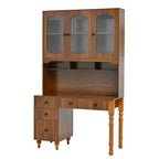 47" Retro Office Desk with Charging Station, Hutch, 5 Drawers & Glass-Door Bookshelf, Walnut