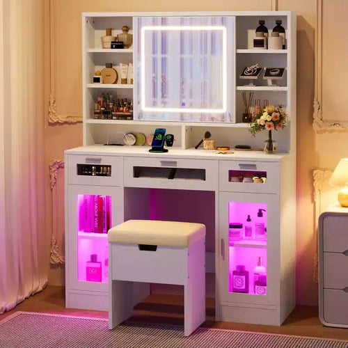 41.3" Makeup Vanity Table with Sliding Mirror, 3 Drawers & Cabinets
