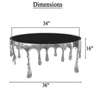 36" Round Glass Top Coffee Table, Melting Drip Base Design, Silver