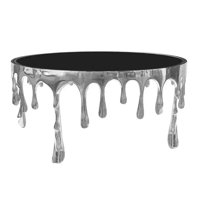36" Round Glass Top Coffee Table, Melting Drip Base Design, Silver