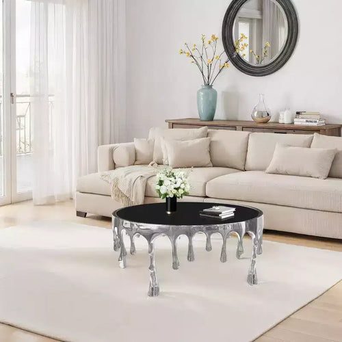 36" Round Glass Top Coffee Table, Melting Drip Base Design, Silver