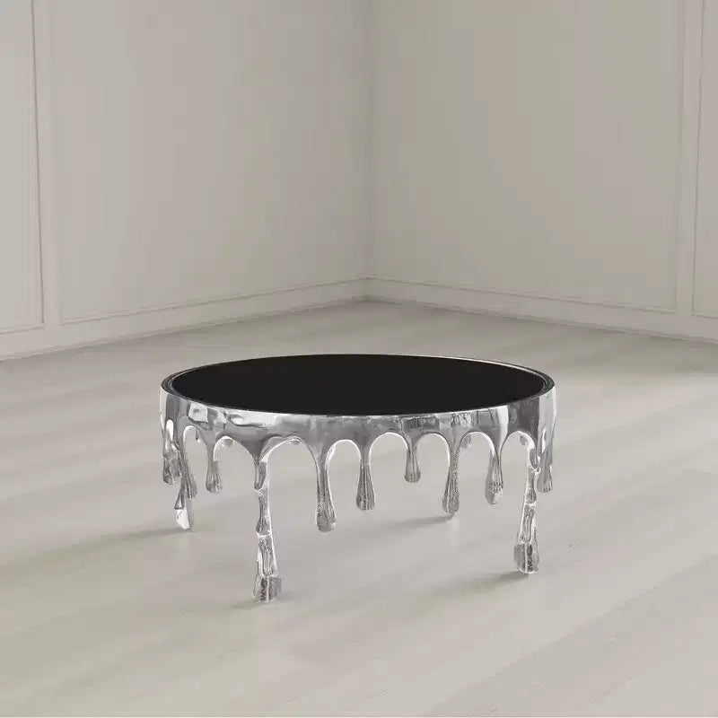 36" Round Glass Top Coffee Table, Melting Drip Base Design, Silver