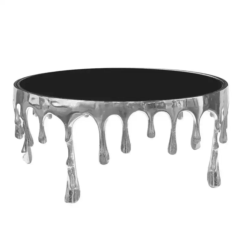 36" Round Glass Top Coffee Table, Melting Drip Base Design, Silver