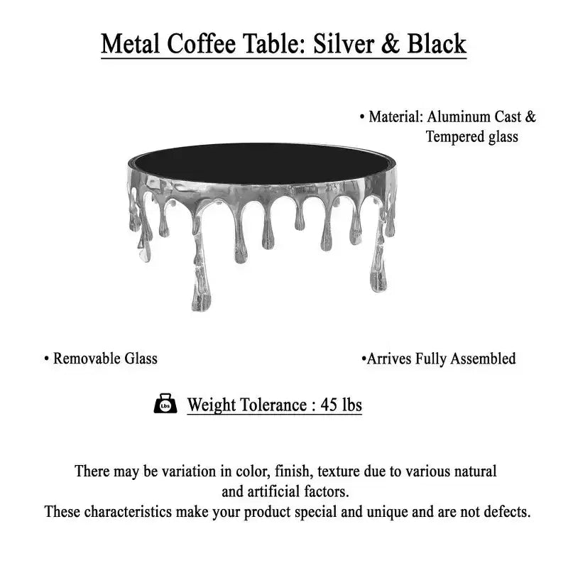 36" Round Glass Top Coffee Table, Melting Drip Base Design, Silver