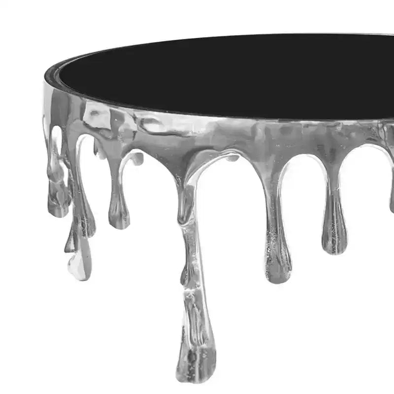 36" Round Glass Top Coffee Table, Melting Drip Base Design, Silver