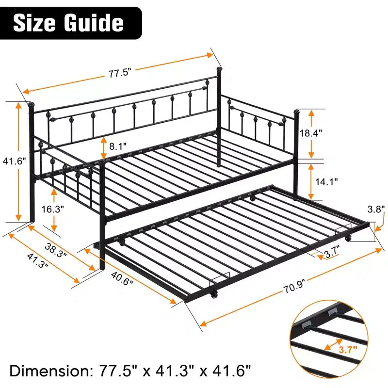 Bunk Rectangular Twin Size Metal Daybed Couch Pull Out Trundle Sofa Bed 2 in 1 Convertible Sleeper Daybed Sofa Bed Frame for Bedroom Living Room