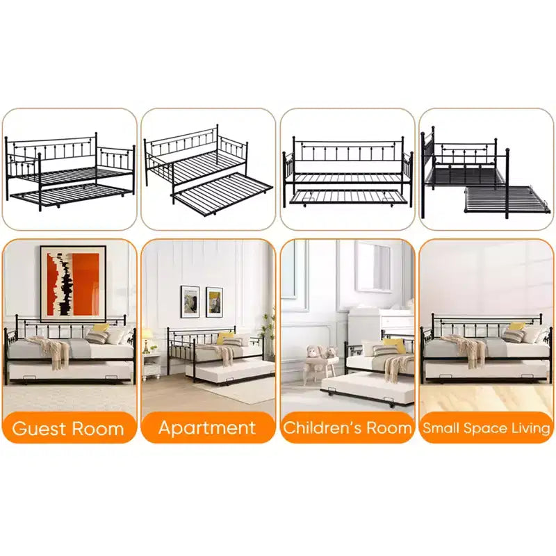 Bunk Rectangular Twin Size Metal Daybed Couch Pull Out Trundle Sofa Bed 2 in 1 Convertible Sleeper Daybed Sofa Bed Frame for Bedroom Living Room