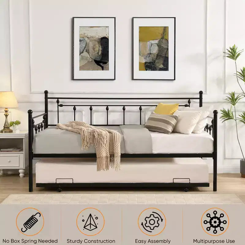 Bunk Rectangular Twin Size Metal Daybed Couch Pull Out Trundle Sofa Bed 2 in 1 Convertible Sleeper Daybed Sofa Bed Frame for Bedroom Living Room