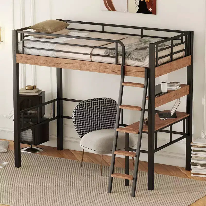 Twin Metal Loft Bed with Desk & Storage Shelves for Kids & Teens