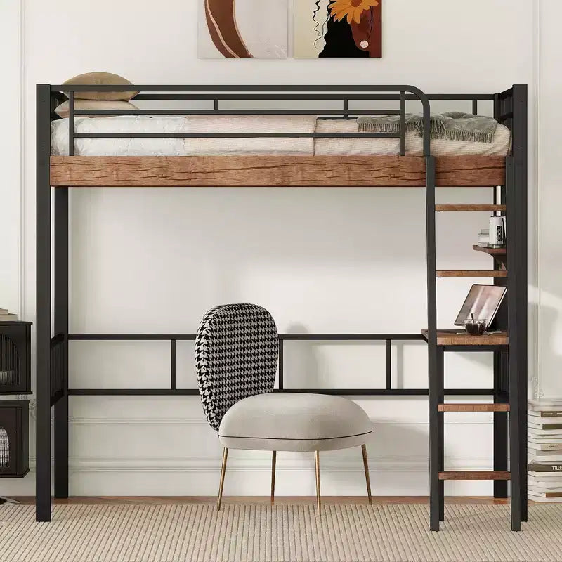 Twin Metal Loft Bed with Desk & Storage Shelves for Kids & Teens