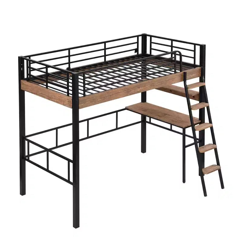 Twin Metal Loft Bed with Desk & Storage Shelves for Kids & Teens
