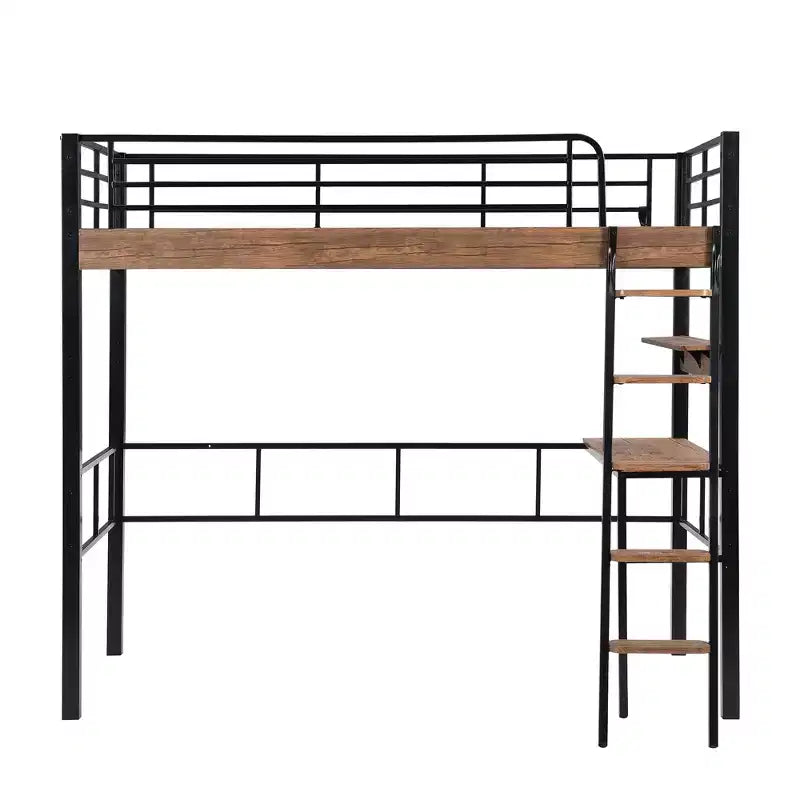 Twin Metal Loft Bed with Desk & Storage Shelves for Kids & Teens