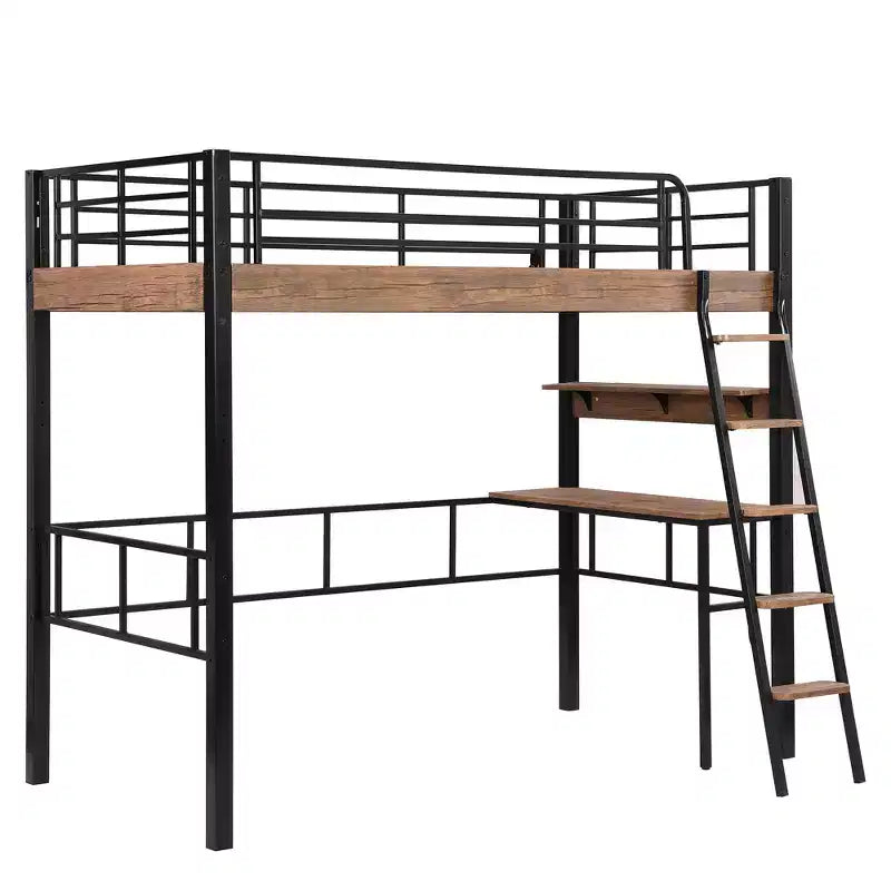 Twin Metal Loft Bed with Desk & Storage Shelves for Kids & Teens