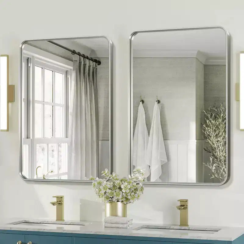 Aluminum Alloy Rectangle Wall Mirror, Rounded Corners, Silver, 50x32 in.