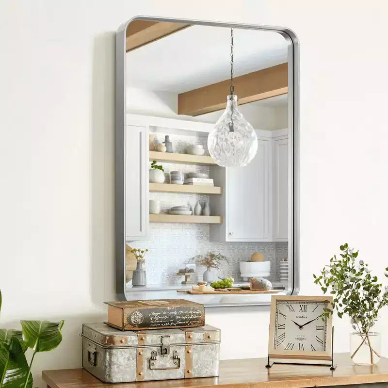 Aluminum Alloy Rectangle Wall Mirror, Rounded Corners, Silver, 50x32 in.