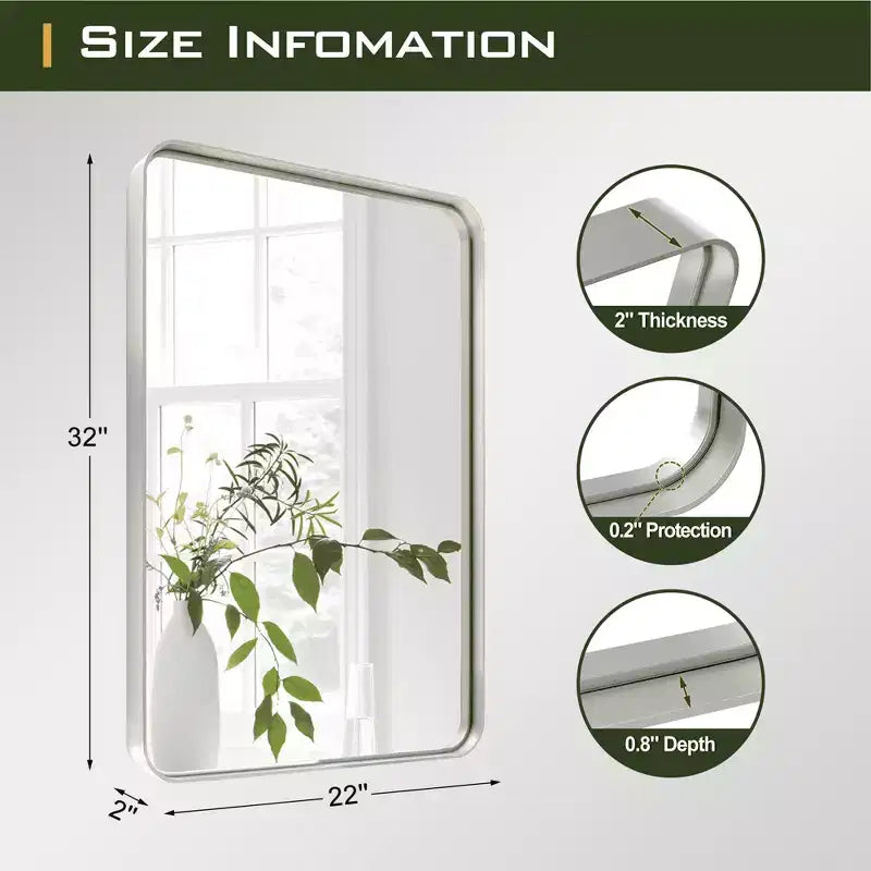 Aluminum Alloy Rectangle Wall Mirror, Rounded Corners, Silver, 50x32 in.