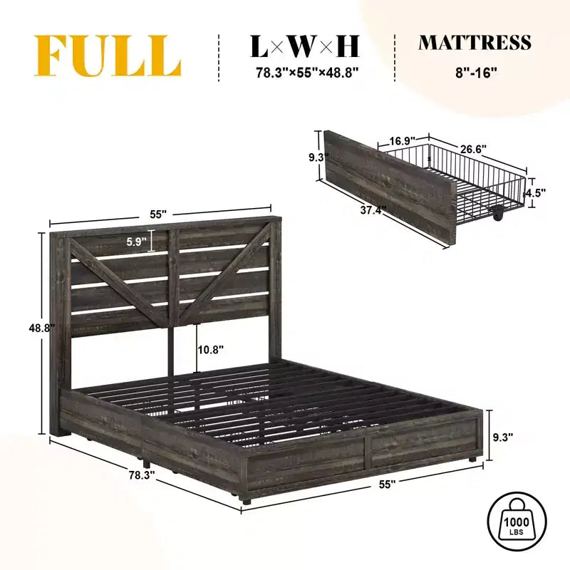 Platform Bed Frame with 4 Storage Drawers & Barn Door Headboard, Rustic Wood Grain