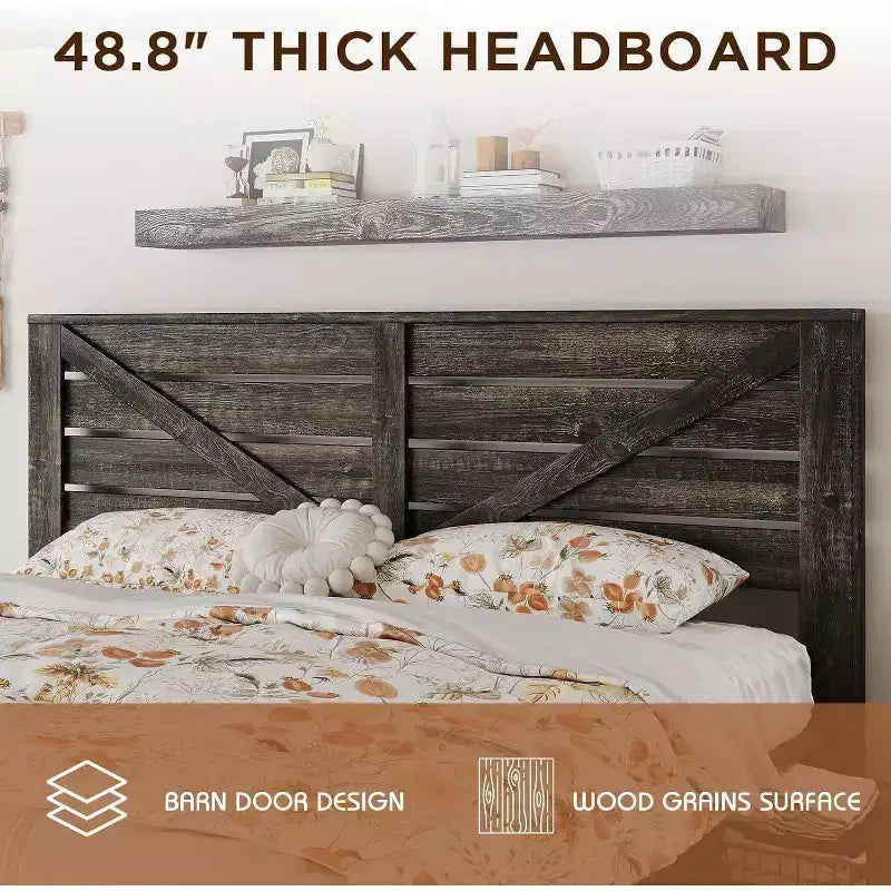Platform Bed Frame with 4 Storage Drawers & Barn Door Headboard, Rustic Wood Grain