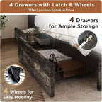 Platform Bed Frame with 4 Storage Drawers & Barn Door Headboard, Rustic Wood Grain