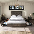 Platform Bed Frame with 4 Storage Drawers & Barn Door Headboard, Rustic Wood Grain