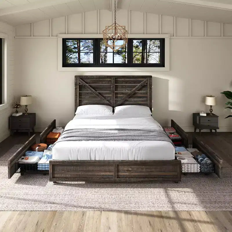 Platform Bed Frame with 4 Storage Drawers & Barn Door Headboard, Rustic Wood Grain